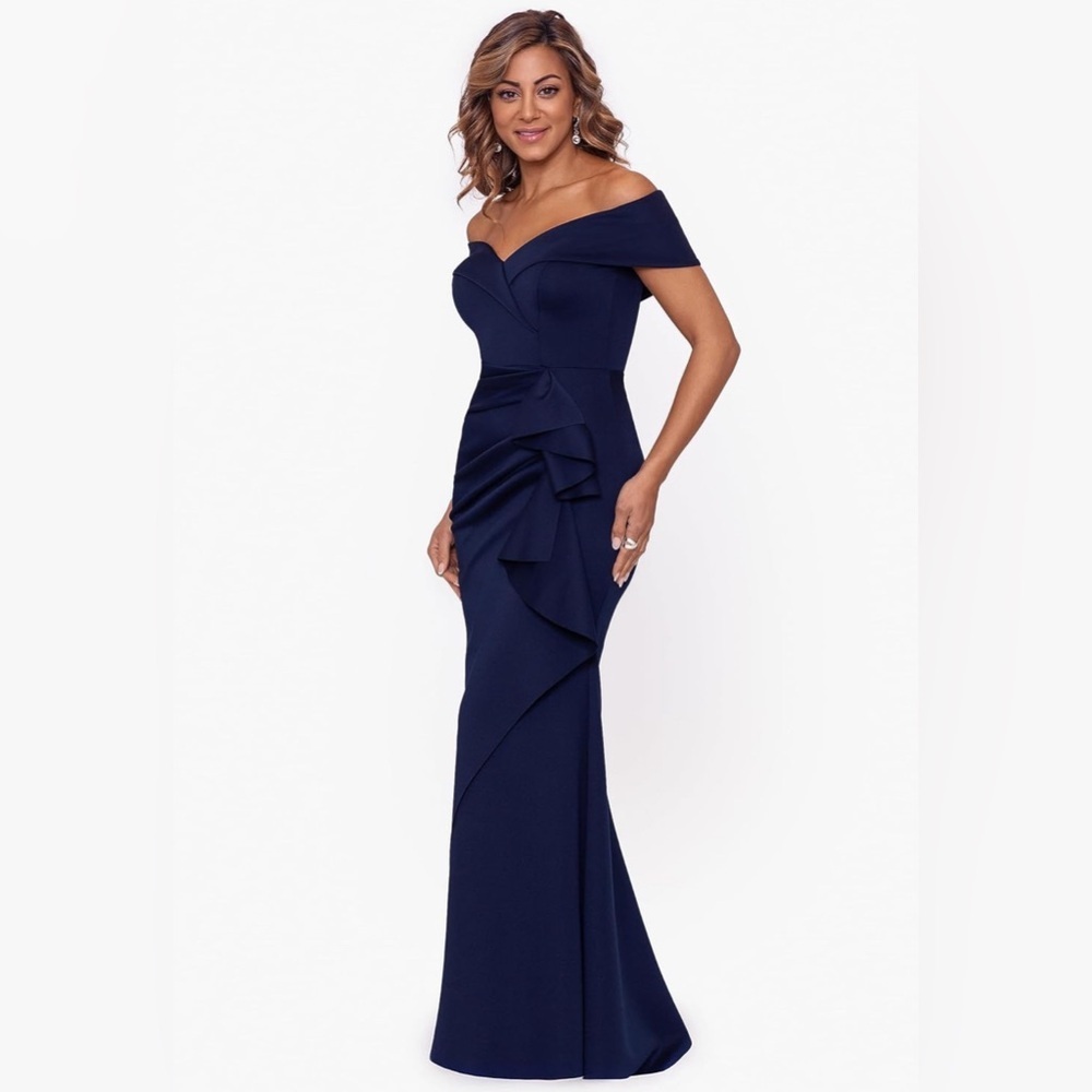 Xscape Women's Long Off Shoulder Sweetheart Neck Side Ruffle Gown ( Petite)